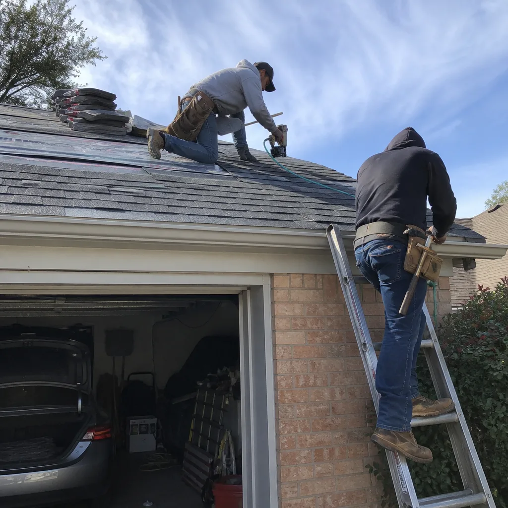 Two professional roofers installing new shingles on a residential house roof.