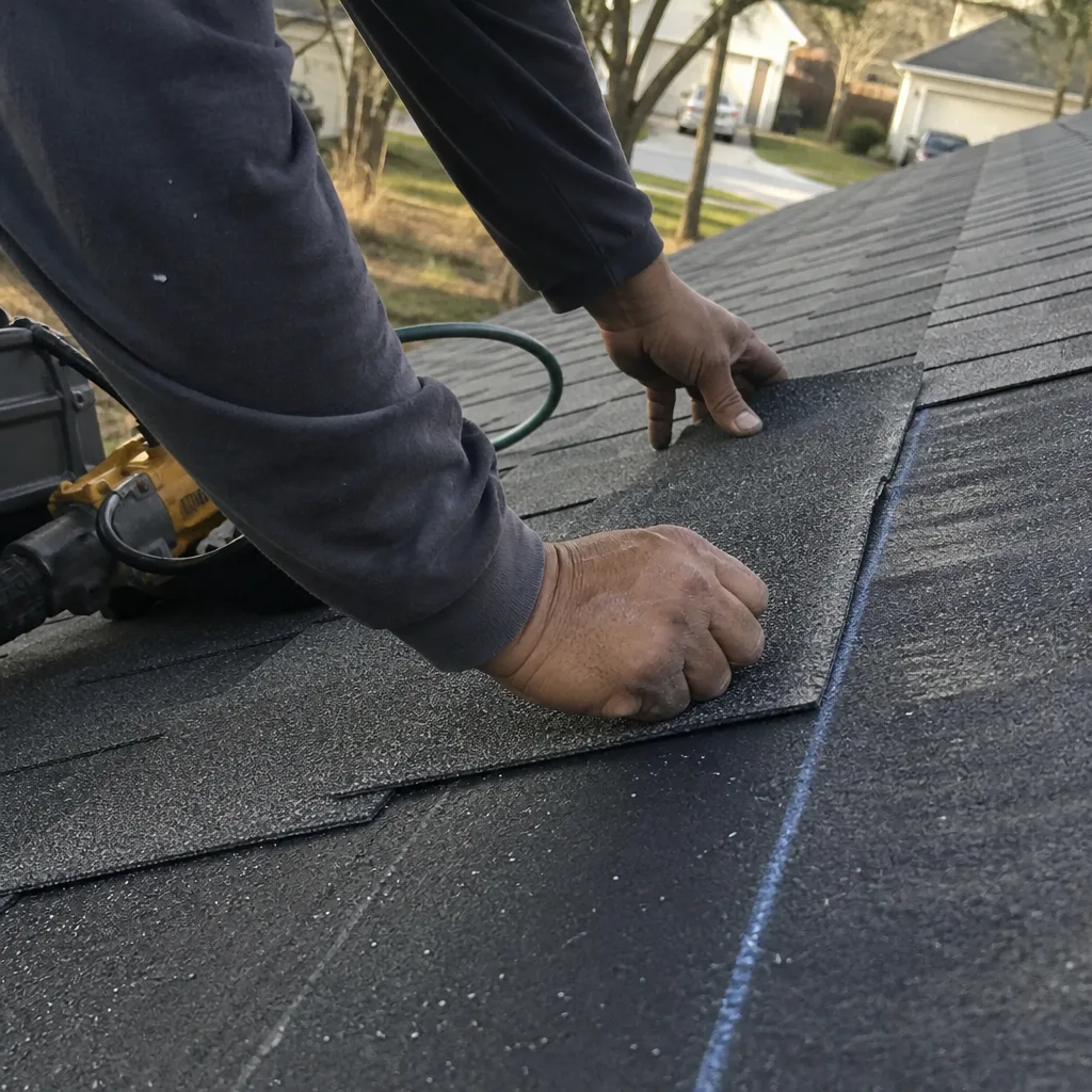 Professional roofer installing new asphalt shingles on a residential roof in Fort Worth, TX