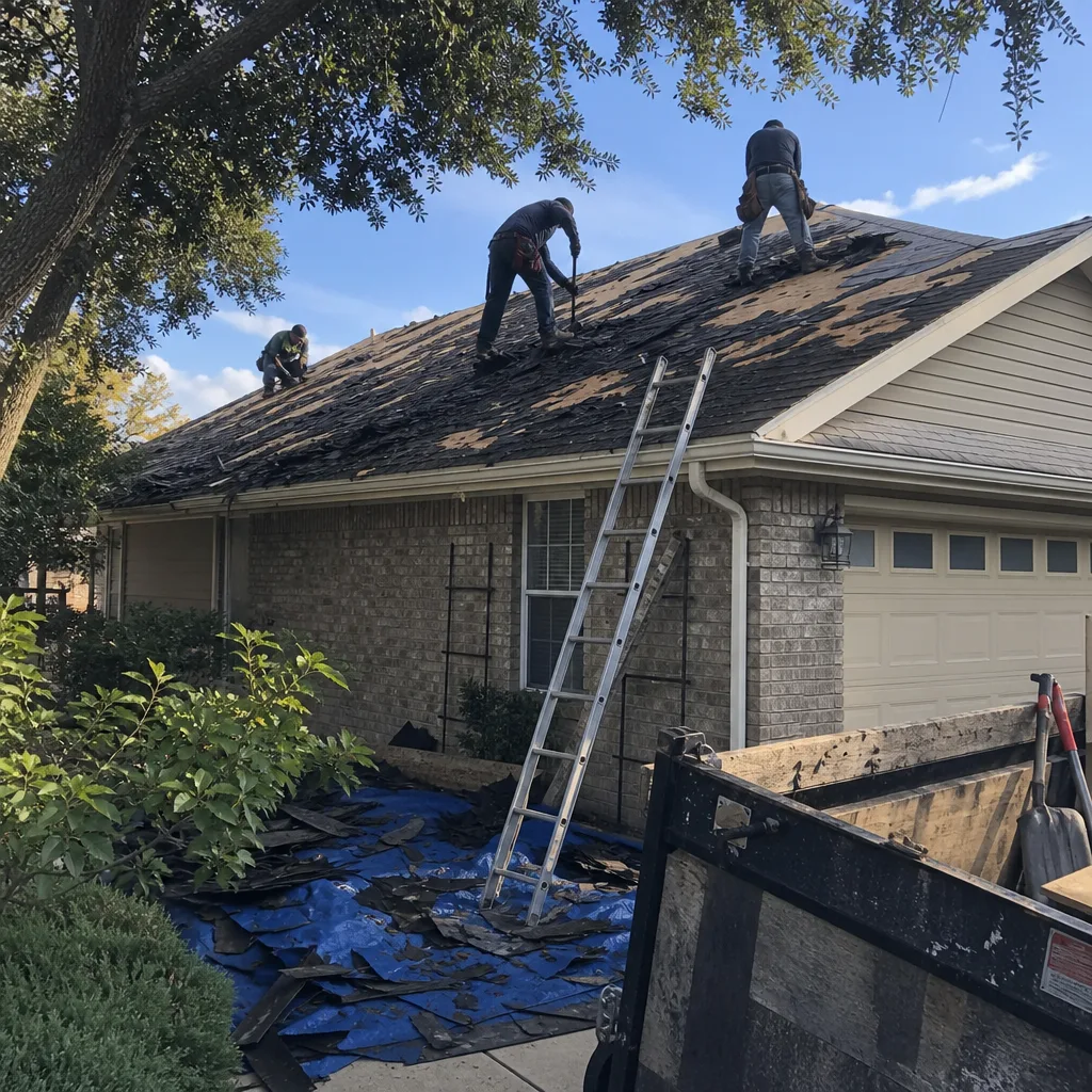 Roofers performing professional roof installation and shingle replacement on a house