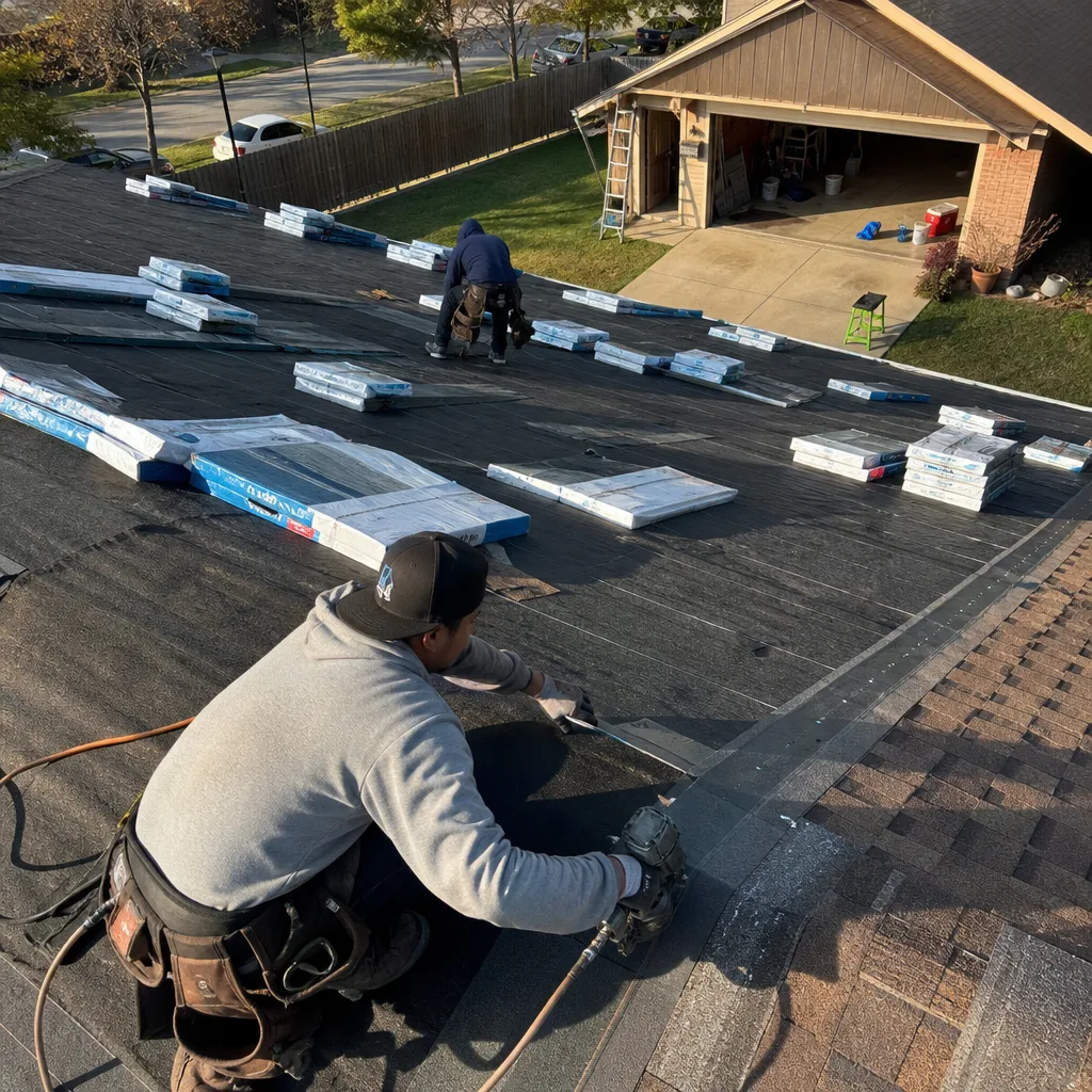 Roofers installing new shingles during a professional residential roof replacement.