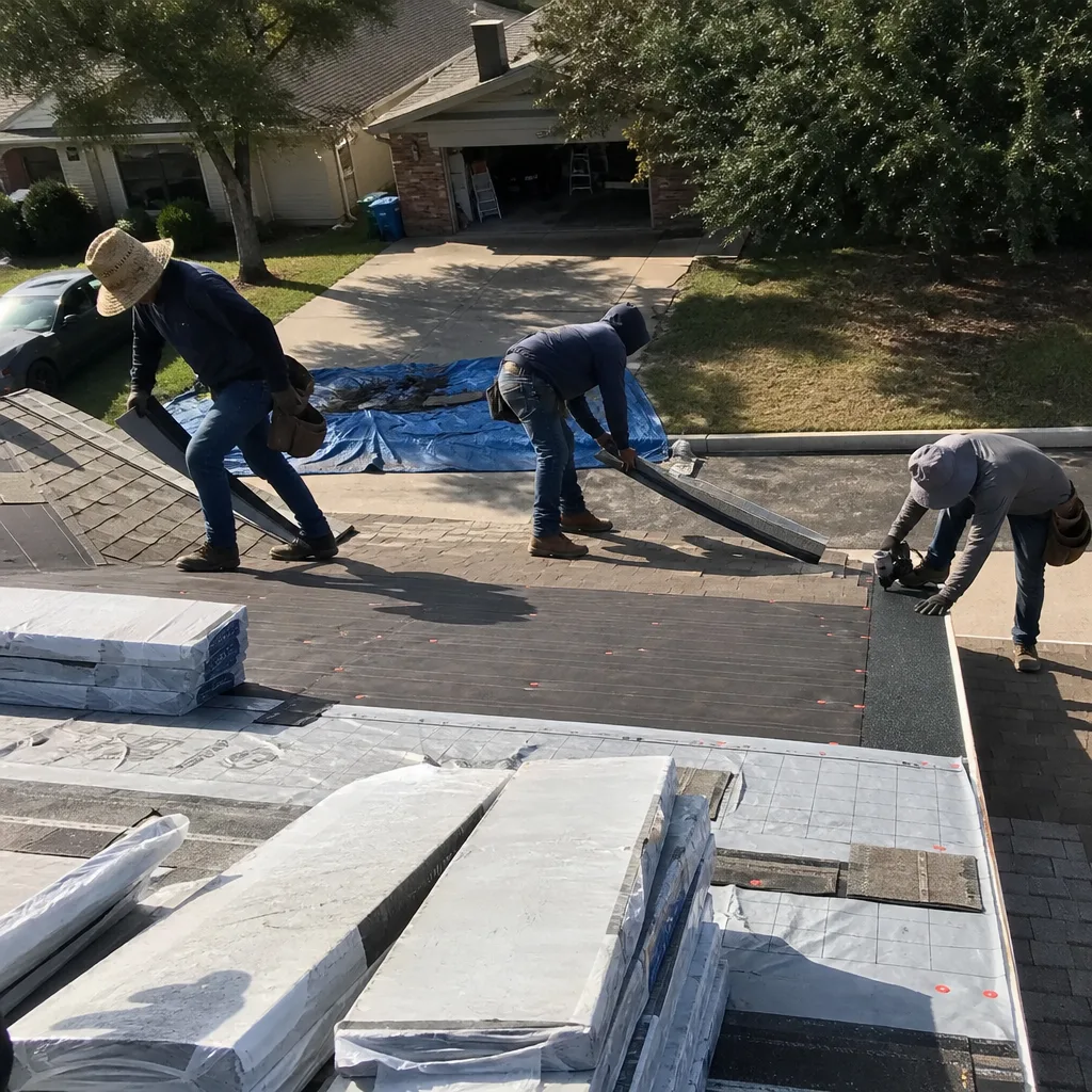 Professional roofing crew performing residential roof replacement with shingles