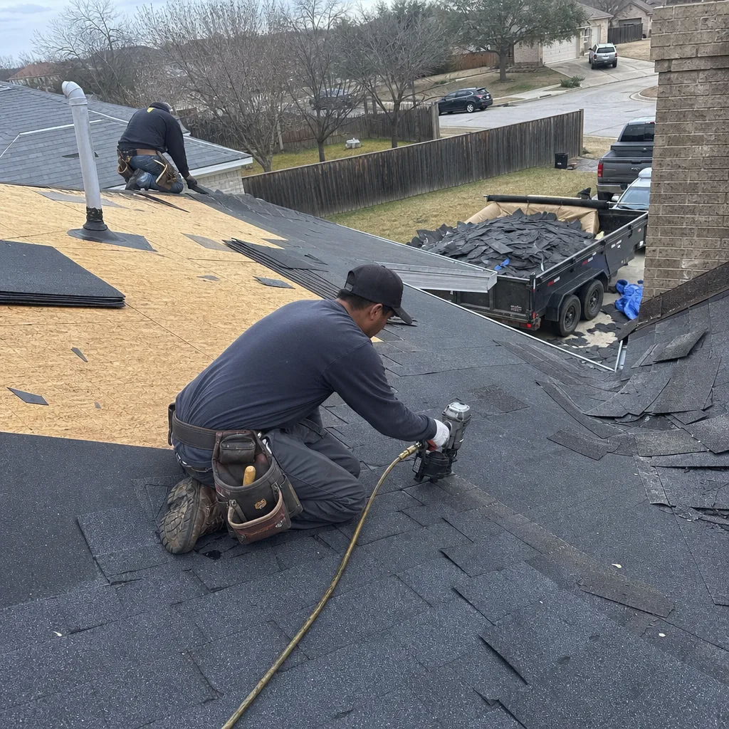 Roofers installing new shingles on a residential property during roof replacement